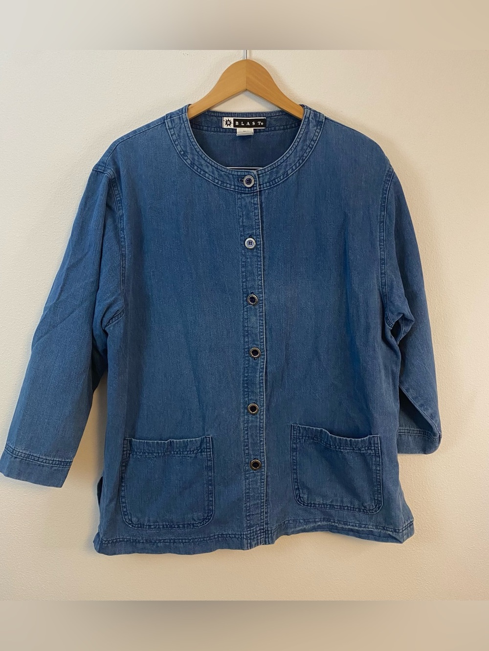 B Blast Vintage Denim Button Up Blouse‎ Patch Pockets Chore Coat Cotton XL